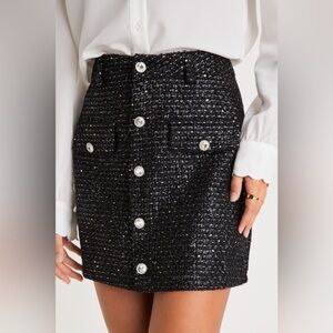 Lulus Posh Reputation Black Tweed Rhinestone Button-Front Mini Skirt